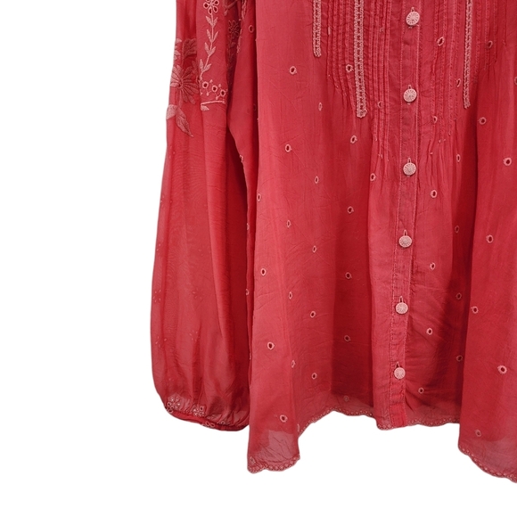 Johnny Was Women's Helia Pink Eyelet Embroidered Pintucks Button Down Blouse - Picture 5 of 9